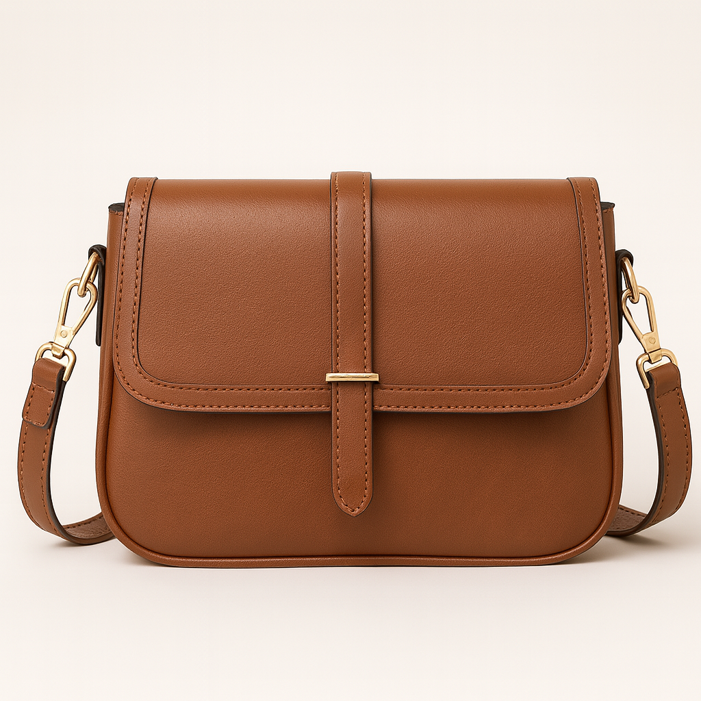 Crossbody bag with flap front and center strap detail.