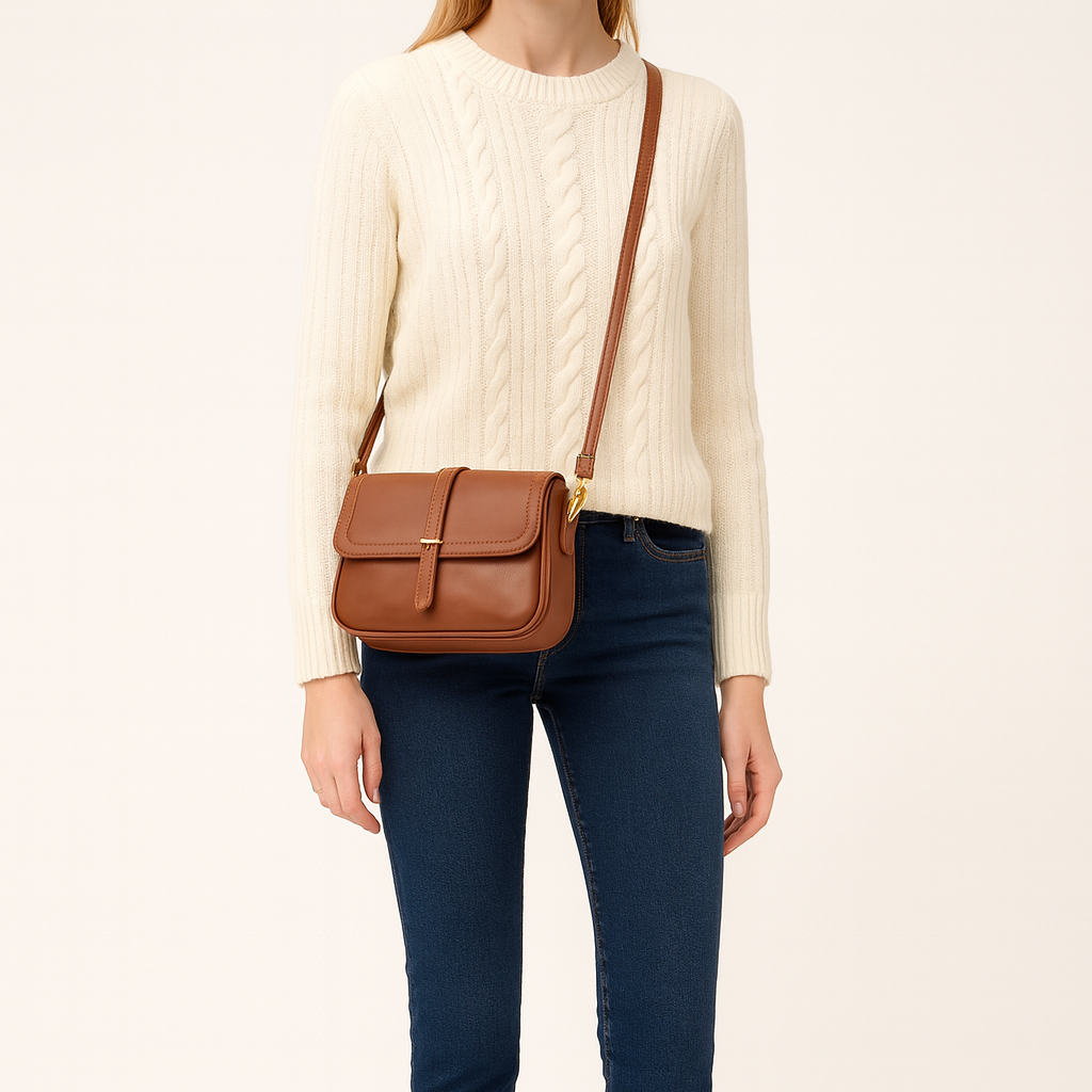 Crossbody bag with flap front and center strap detail.