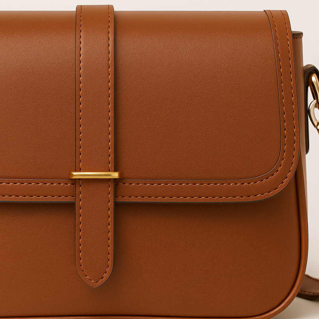 Crossbody bag with flap front and center strap detail.