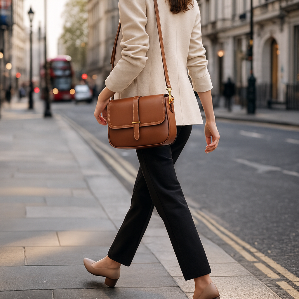 Crossbody bag with flap front and center strap detail.