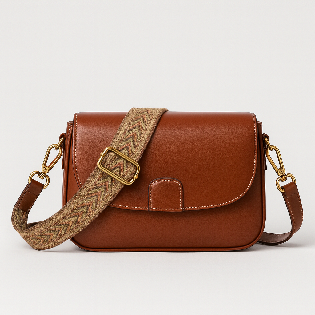 Crossbody bag with flap closure and wide patterned strap.