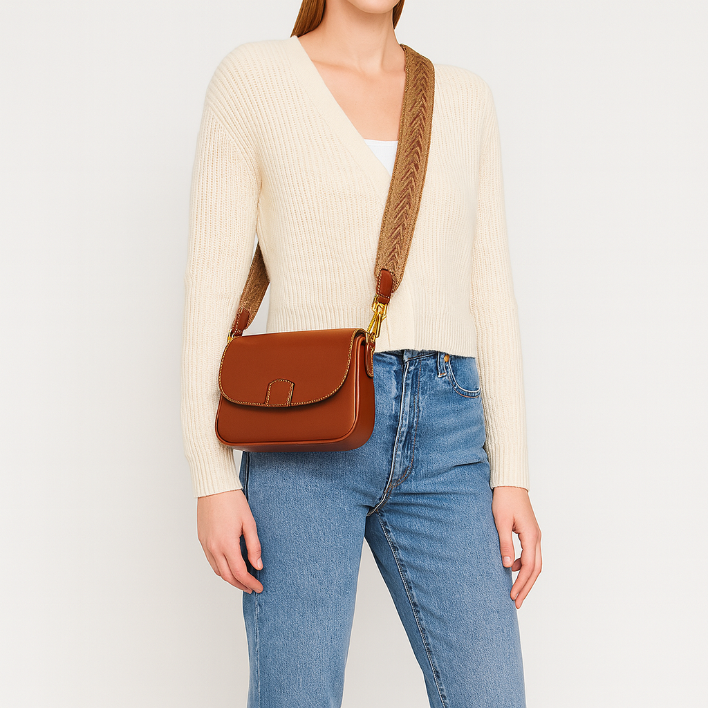 Crossbody bag with flap closure and wide patterned strap.