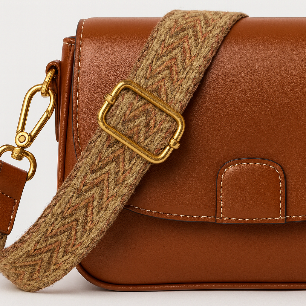 Crossbody bag with flap closure and wide patterned strap.