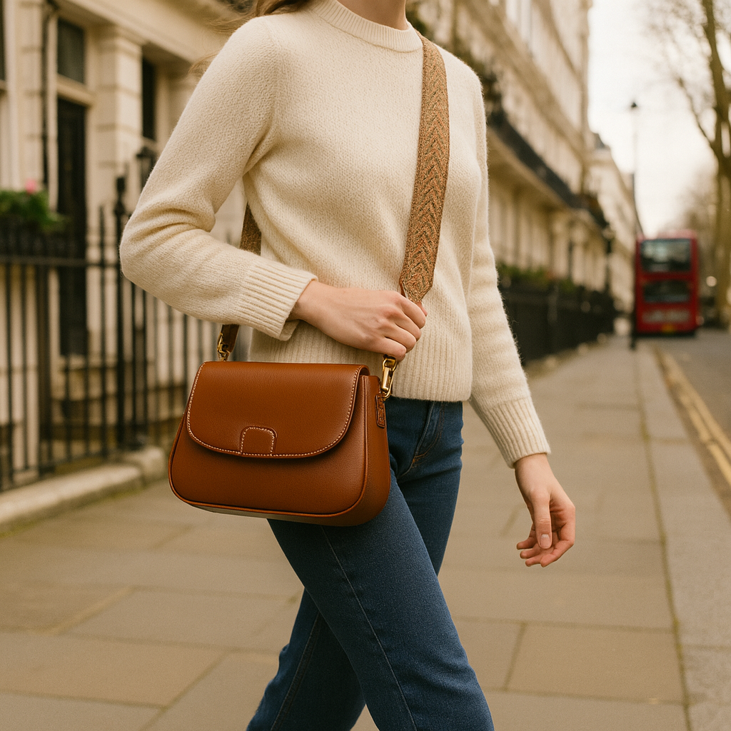 Crossbody bag with flap closure and wide patterned strap.