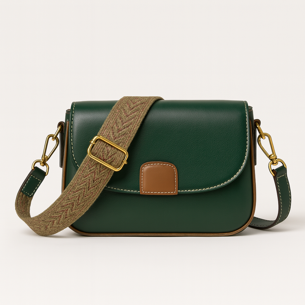 Crossbody bag with flap closure and wide patterned strap.