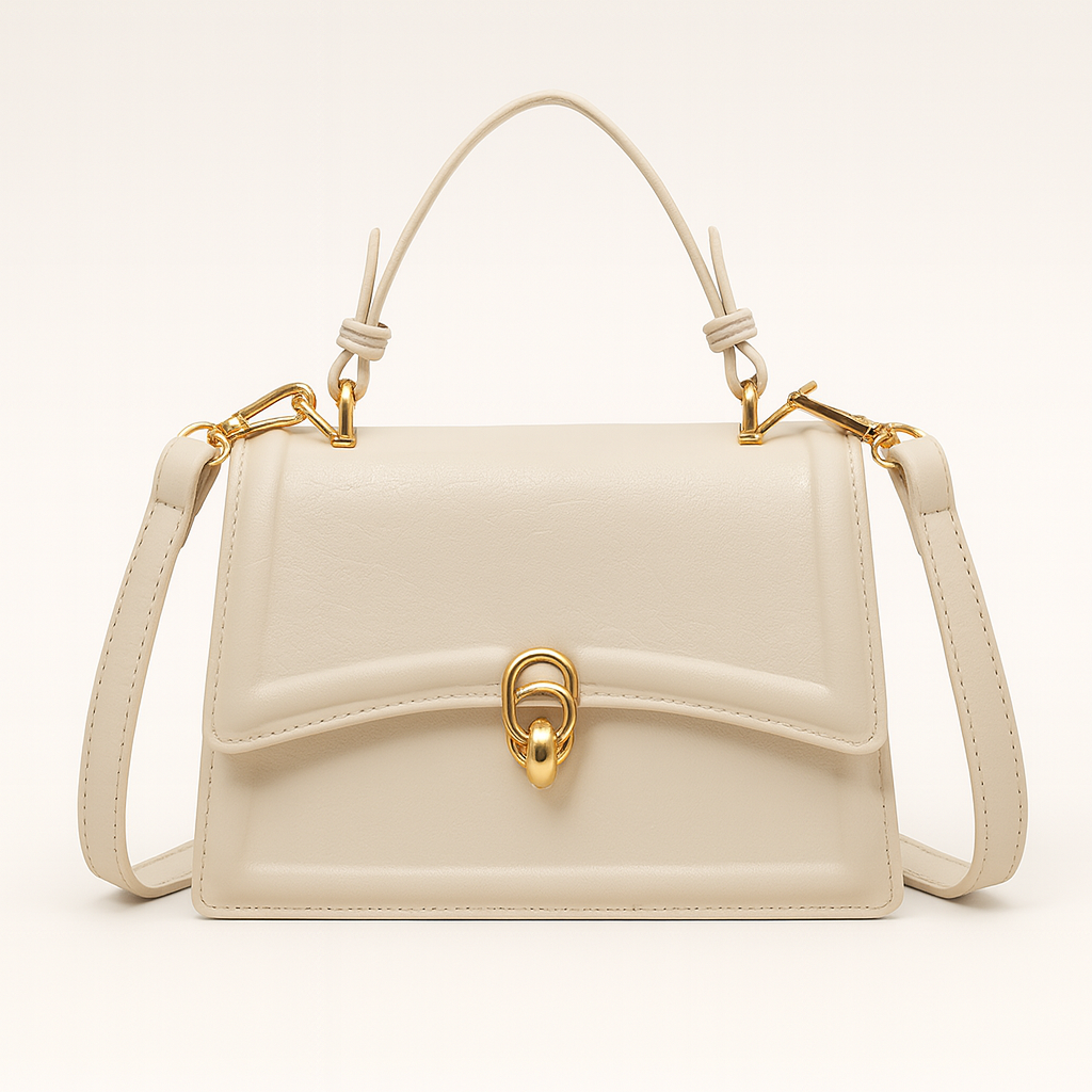 Structured shoulder bag with top handle, flap front, and gold clasp.
