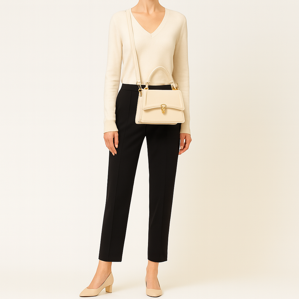 Structured shoulder bag with top handle, flap front, and gold clasp.