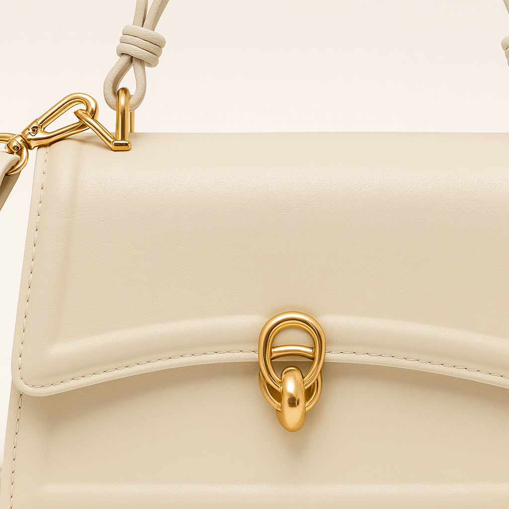 Structured shoulder bag with top handle, flap front, and gold clasp.
