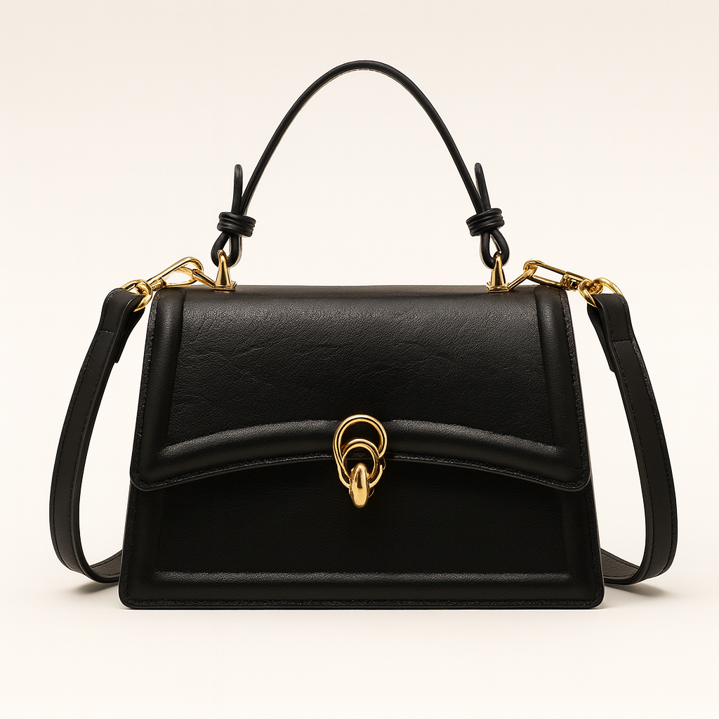 Structured shoulder bag with top handle, flap front, and gold clasp.