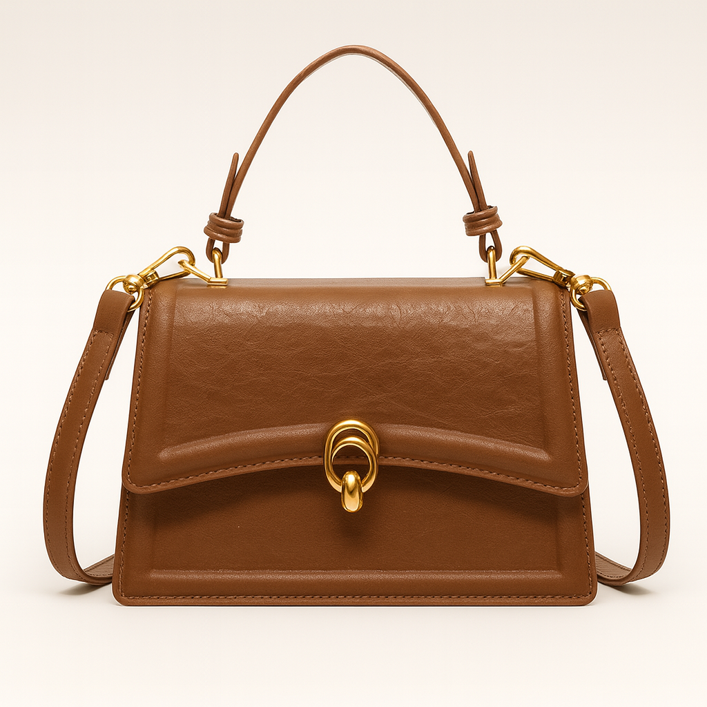 Structured shoulder bag with top handle, flap front, and gold clasp.