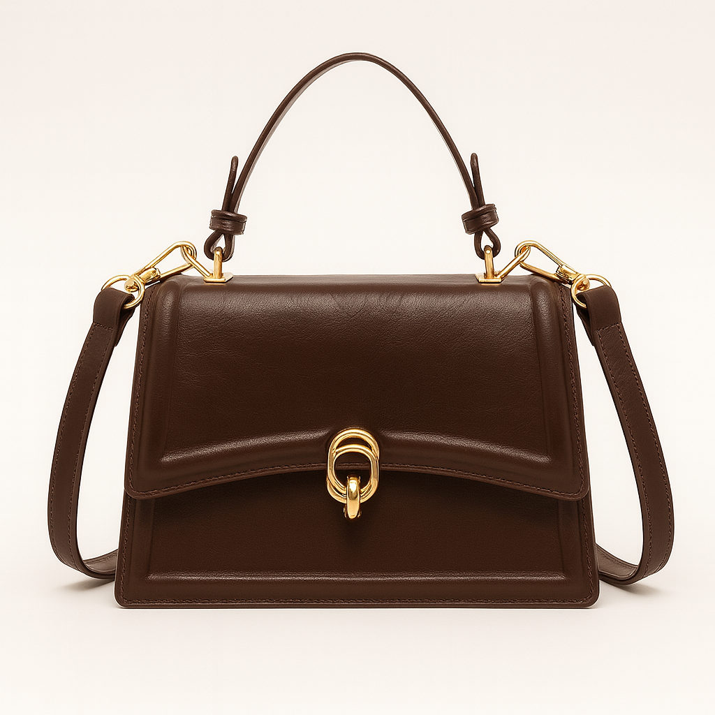 Structured shoulder bag with top handle, flap front, and gold clasp.