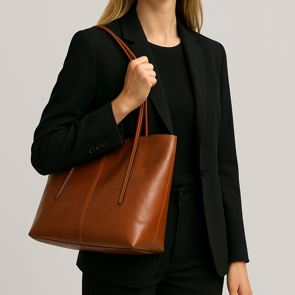 Large structured tote bag with long double shoulder straps.