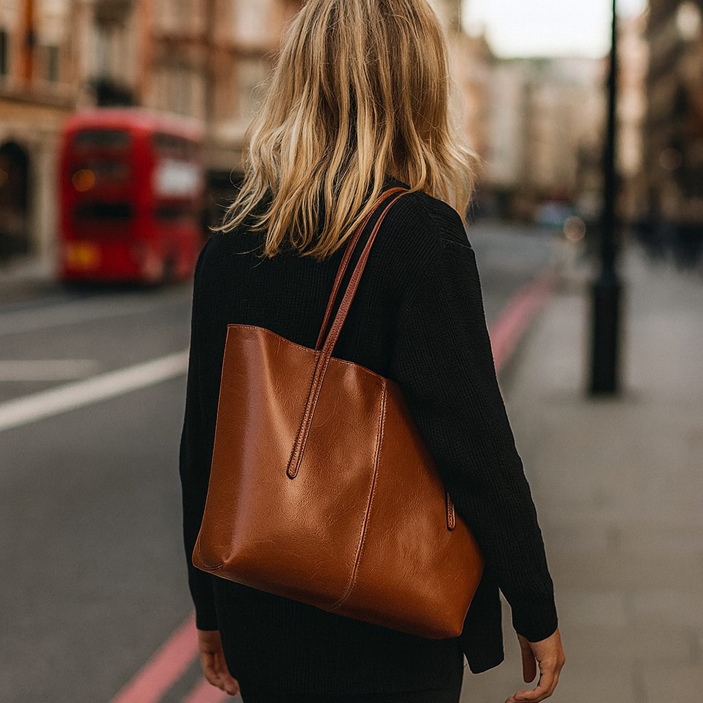 Large structured tote bag with long double shoulder straps.