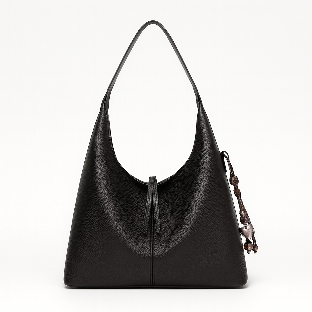 Minimalist slouchy shoulder bag with a single wide strap and decorative charm.