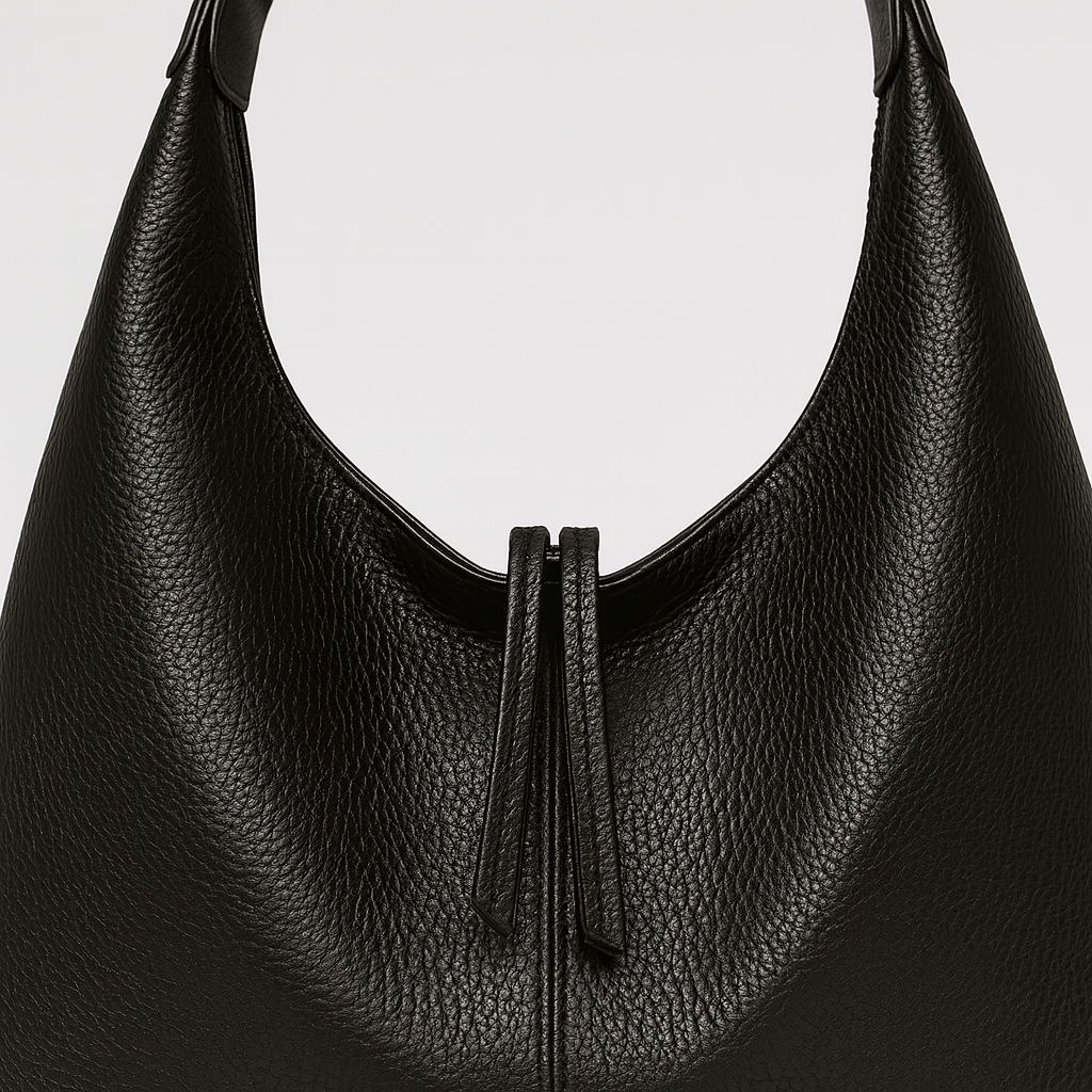 Minimalist slouchy shoulder bag with a single wide strap and decorative charm.