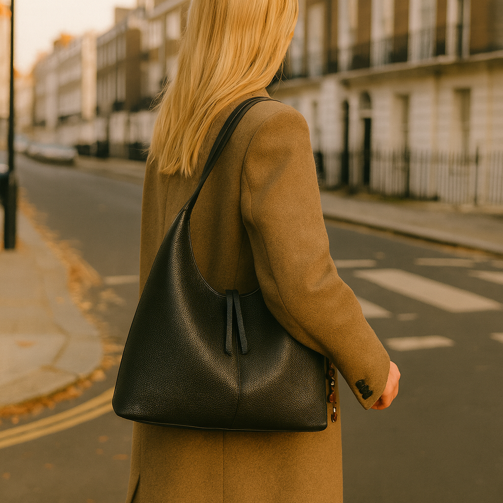 Minimalist slouchy shoulder bag with a single wide strap and decorative charm.