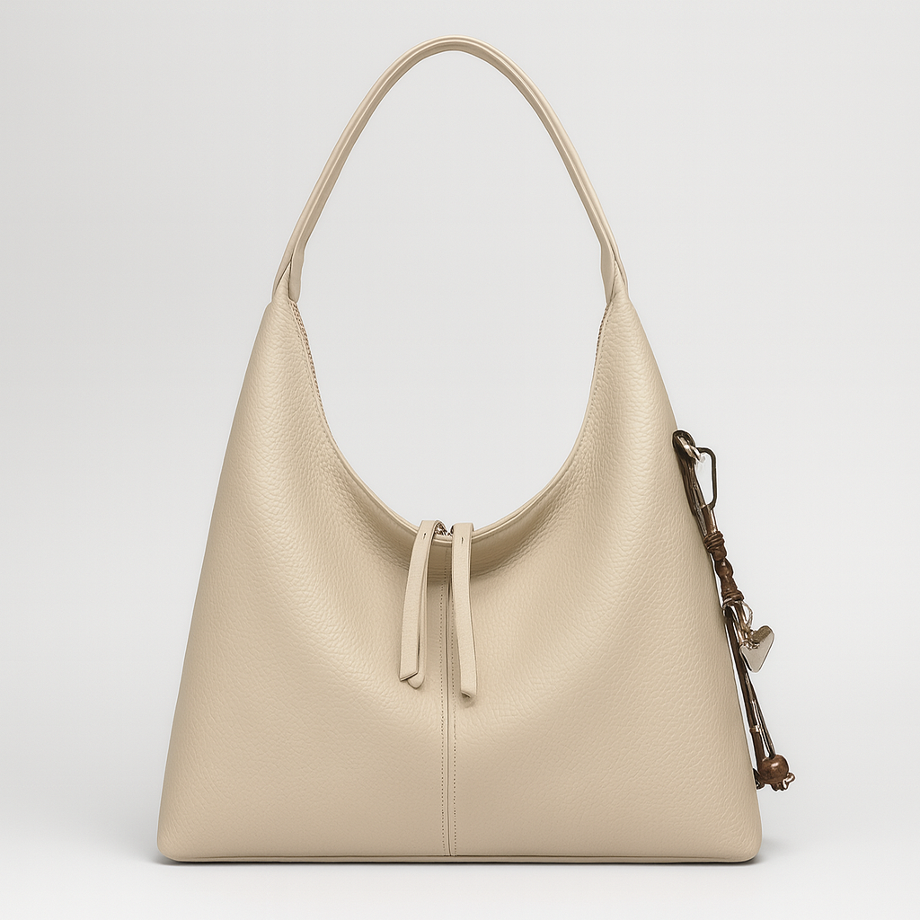 Minimalist slouchy shoulder bag with a single wide strap and decorative charm.