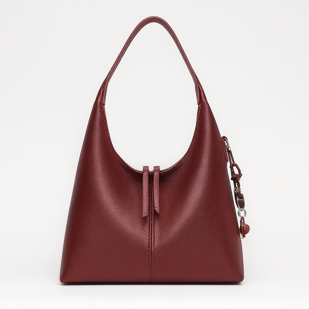 Minimalist slouchy shoulder bag with a single wide strap and decorative charm.